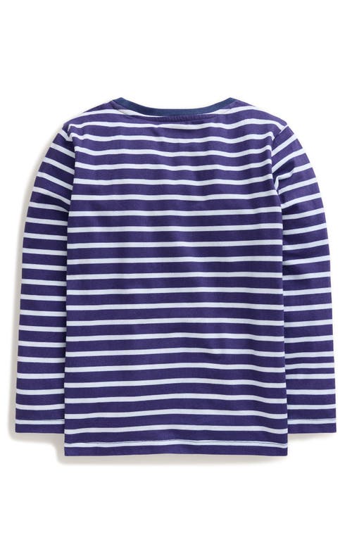 Shop Mini Boden Kids' Bird Appliqué Breton Stripe Cotton T-shirt In Denim Blue And Ivory