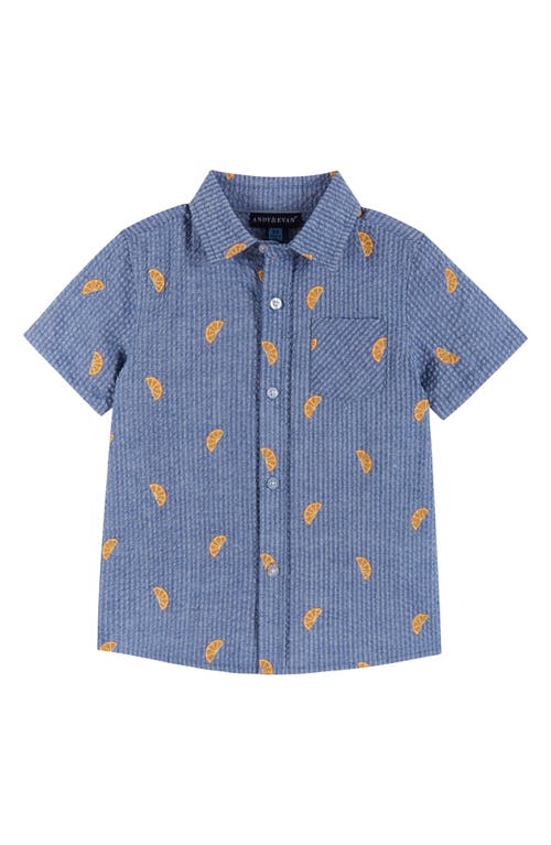Andy & Evan Kids' Print Seersucker Short Sleeve Button-Up Shirt Blue Orange at Nordstrom,
