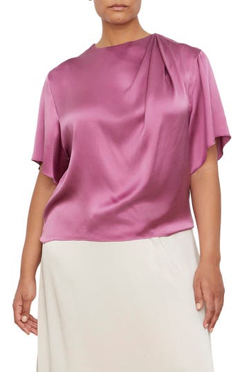 Vince Drape Neck Flutter Sleeve Silk Top In Camelia
