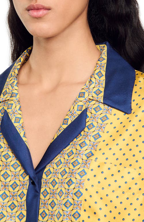 Shop Sandro Short Patterned Flowing Silk Shirt In Yellow/blu