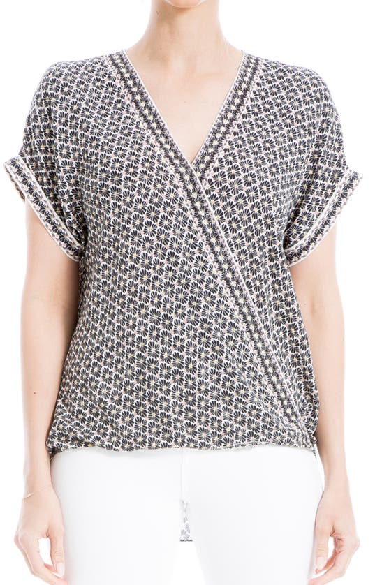 Max Studio Patterned Surplice Crepe Blouse In Black Blush Shell Buds