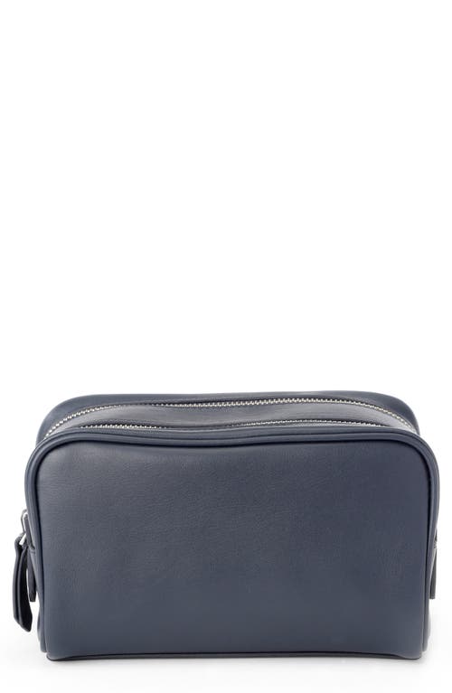 Double Zip Leather Toiletry Bag in Navy Blue