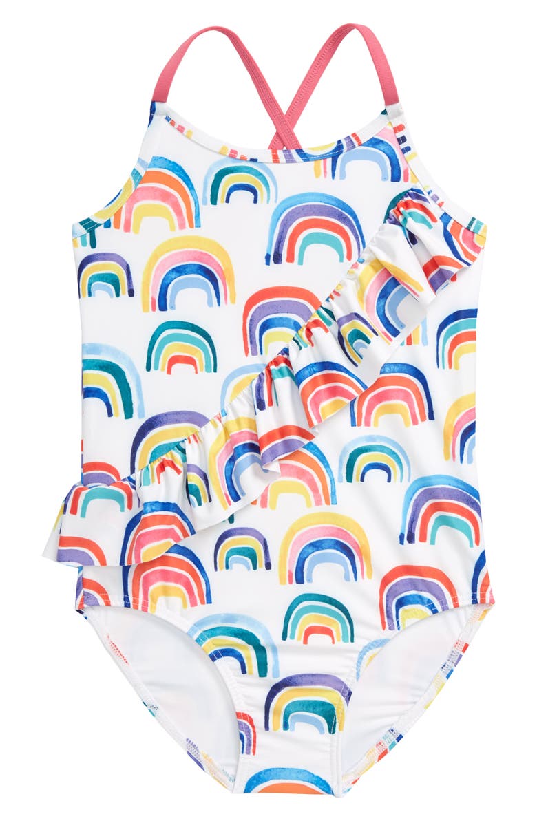 TUCKER + TATE Ruffle One-Piece Swimsuit, Main, color, WHITE MULTI RAINBOW