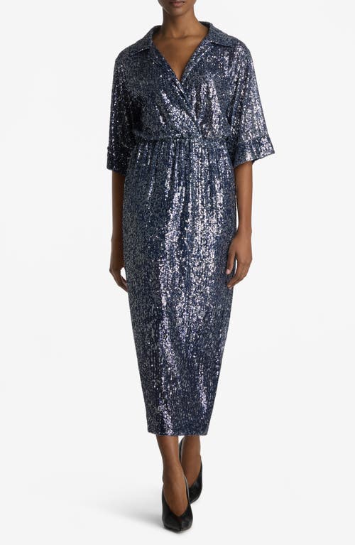 St. John Collection Sequin Fluid Midi Shirtdress Royal Blue/Silver Multi at Nordstrom,