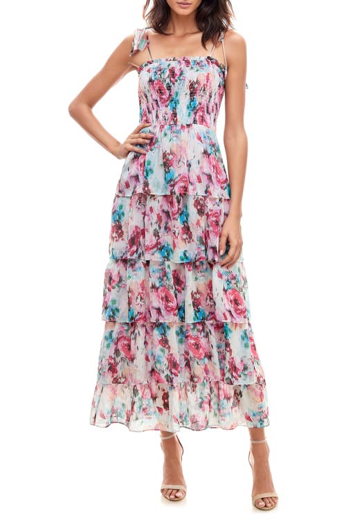 Floral Smocked Tie Strap Maxi Cocktail Dress in Cream Floral Print