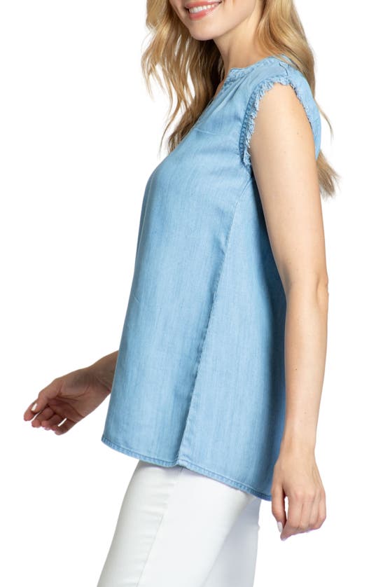 Apny Sleeveless Fringed Chambray Top In Light Indigo