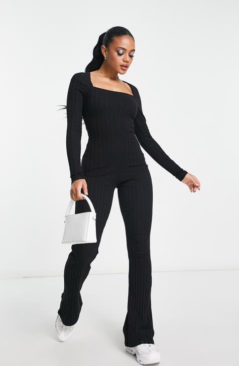 Women Bodycon Jumpsuit Long Sleeve Square Neck Slim Fit Flared