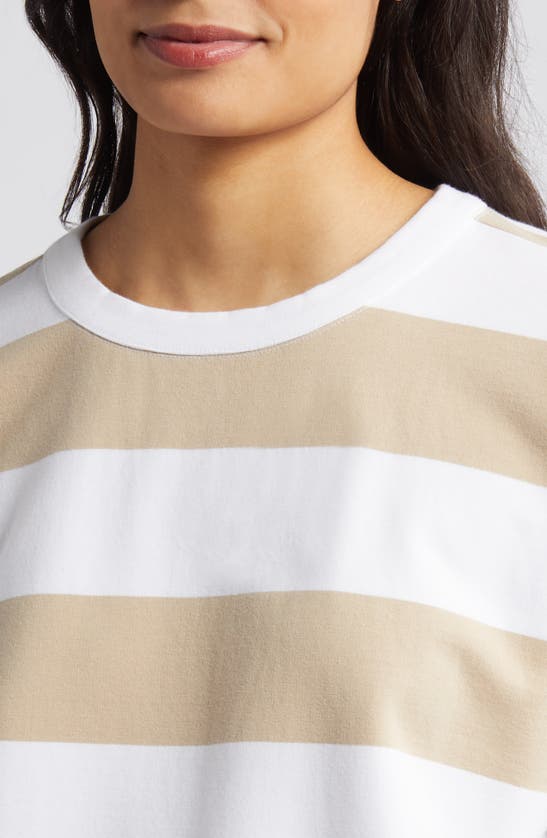 Shop Caslon Variegated Stripe Stretch Cotton Sweatshirt In Tan Safari- White Combo Stripe