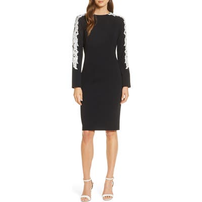 Tadashi Shoji Lace Trim Long Sleeve Cocktail Dress, Black