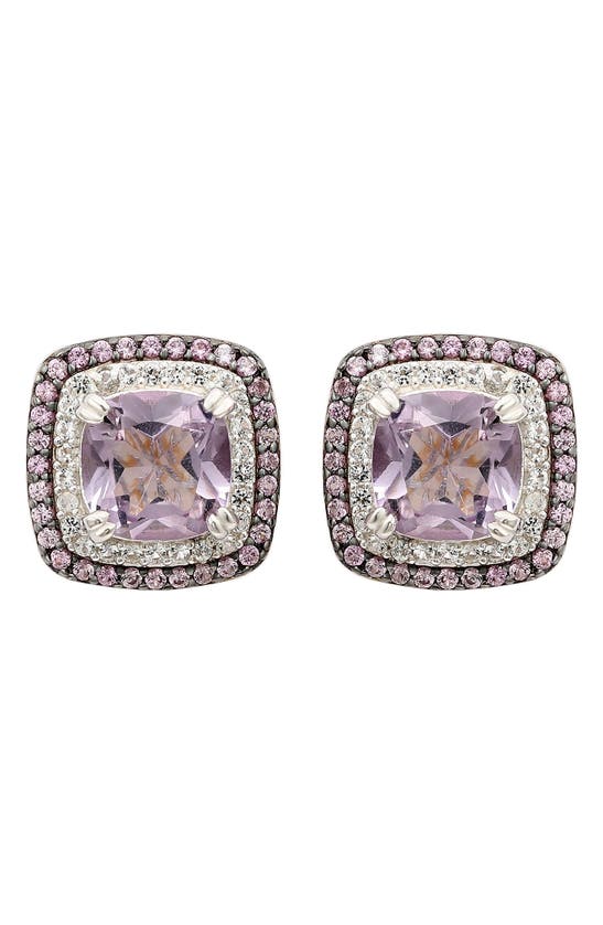 Suzy Levian Cushion Semiprecious Stone Double Halo Stud Earrings In Pink