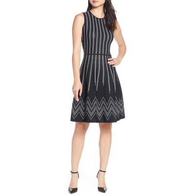 Eliza J Dot Pattern Fit & Flare Sweater Dress, Black