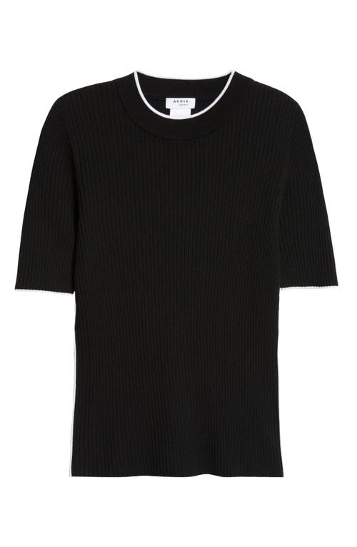 Akris Punto Short Sleeve Virgin Wool Rib Sweater In Black-cream