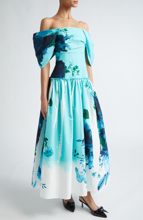 Erdem Floral Print Off the Shoulder Faille Cocktail Dress Kingfisher at Nordstrom, Us