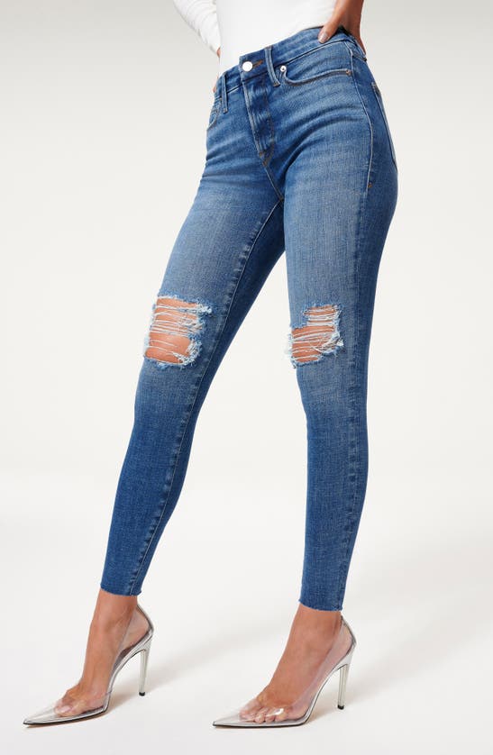 Shop Good American Good Legs Distressed Raw Hem Skinny Jeans In Indigo089