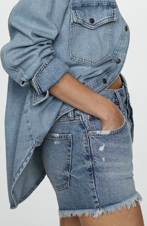 Mango Frayed High Waist Denim Shorts In Medium Blue