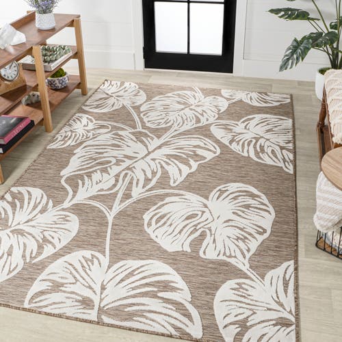 Jonathan Y Tobago High-low Two-tone Monstera Leaf Indoor/outdoor Area Rug In Brown/ivory