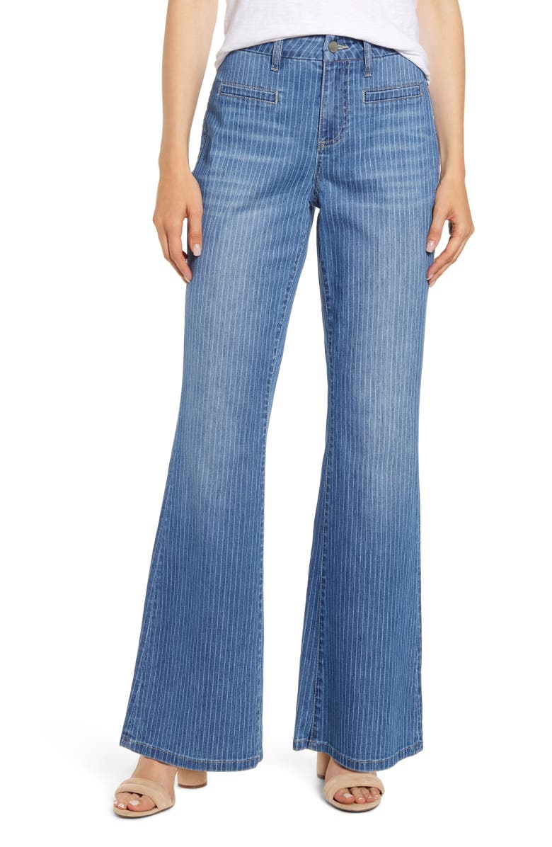 WASH LAB Pinstripe Flare Leg Jeans, Main, color, BLUE SKY STRIPE
