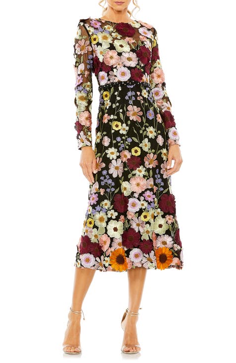 Floral Embroidered Long Sleeve Cocktail Dress