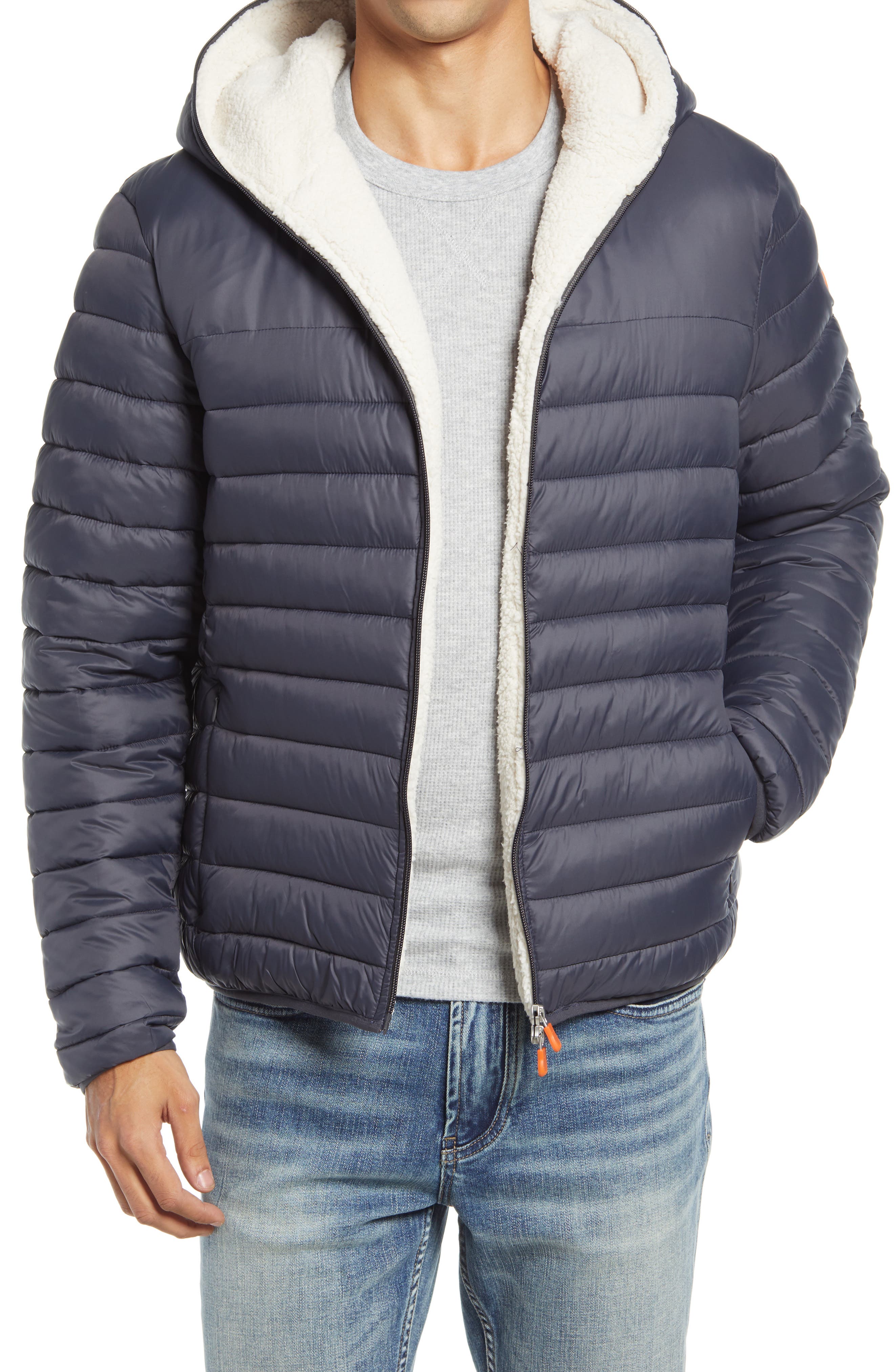 Save The Duck Giga Waterproof Faux Shearling Lined Puffer Jacket In Grey Black