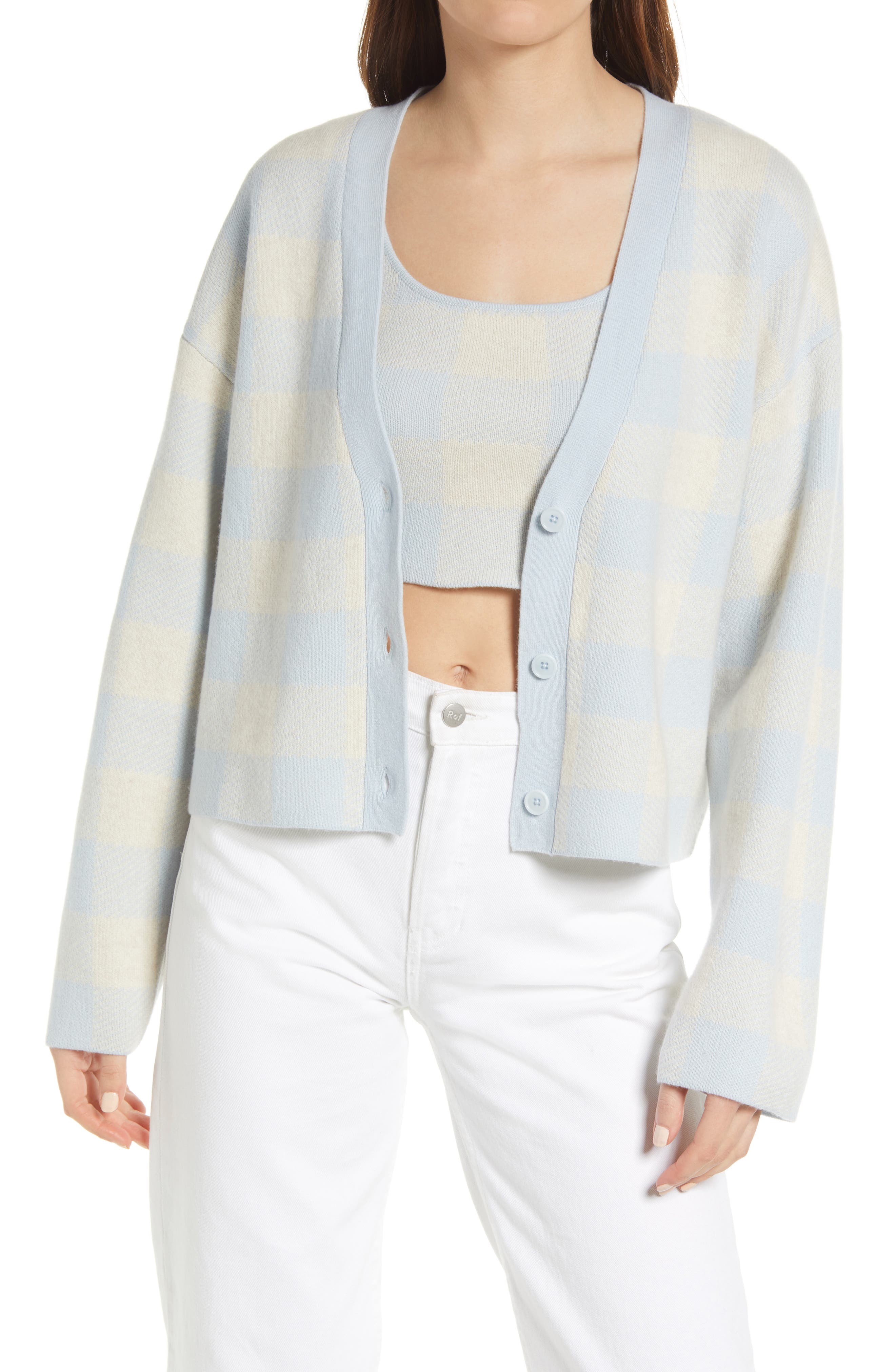 Reformation Fonte Plaid Cashmere Tank & Cardigan Set in Gossamer/Powder Blue Check at Nordstrom, Size X-Small