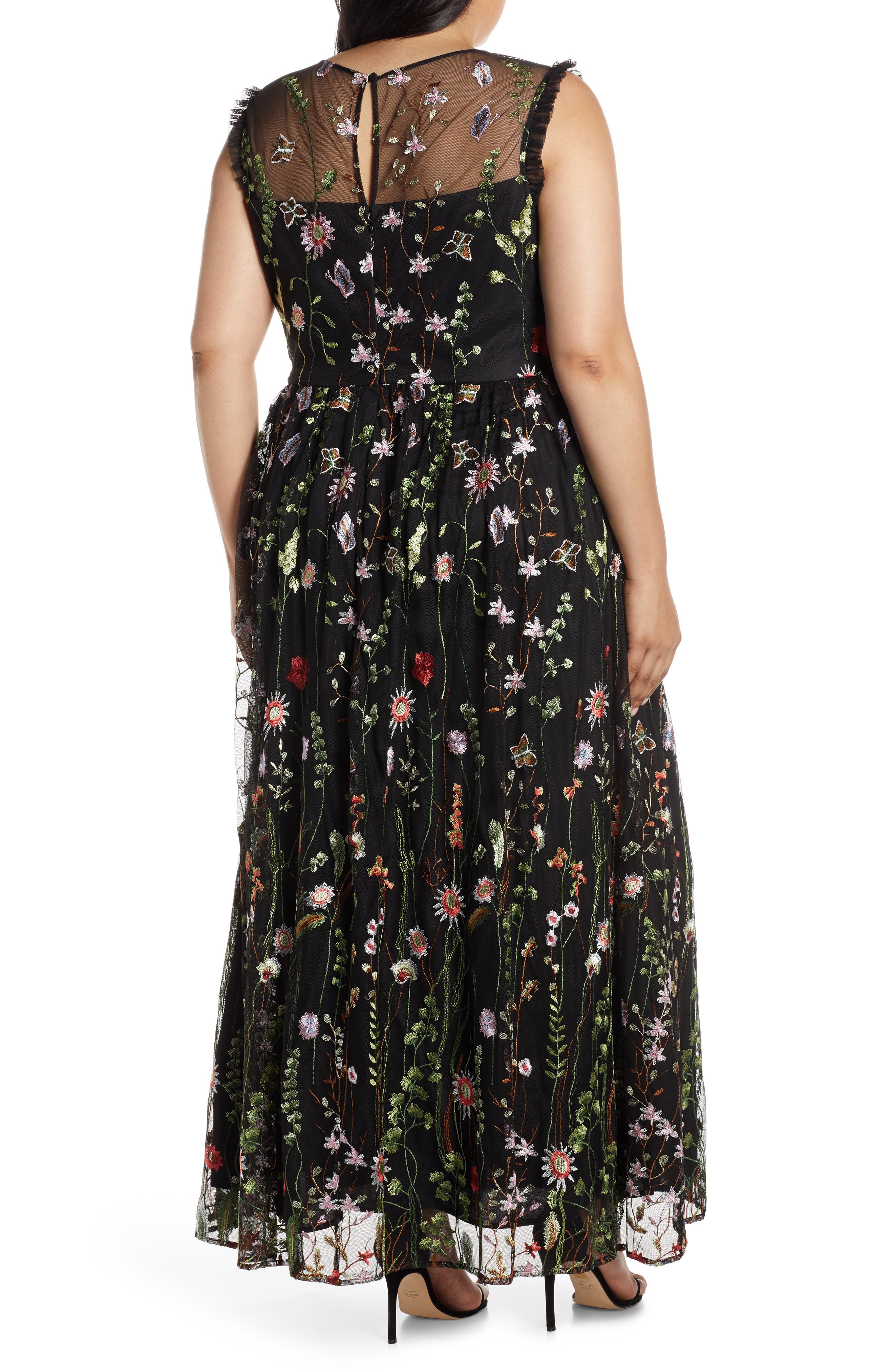 morgan & co embroidered mesh evening dress