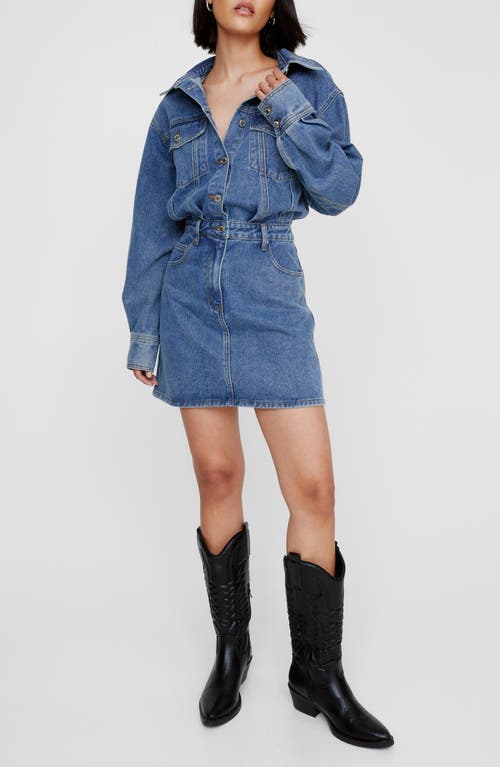 Shop Nasty Gal Long Sleeve Denim Shirtdress In Authentic Mid Wash