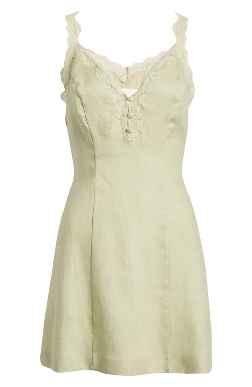 Shop Reformation Kaya Lace Sleeveless Linen Minidress In Dried Herbs