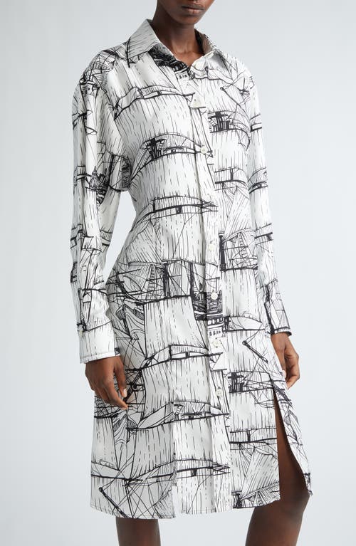 Shop Ferragamo Sailboat Print Long Sleeve Silk Shirtdress In White/nero