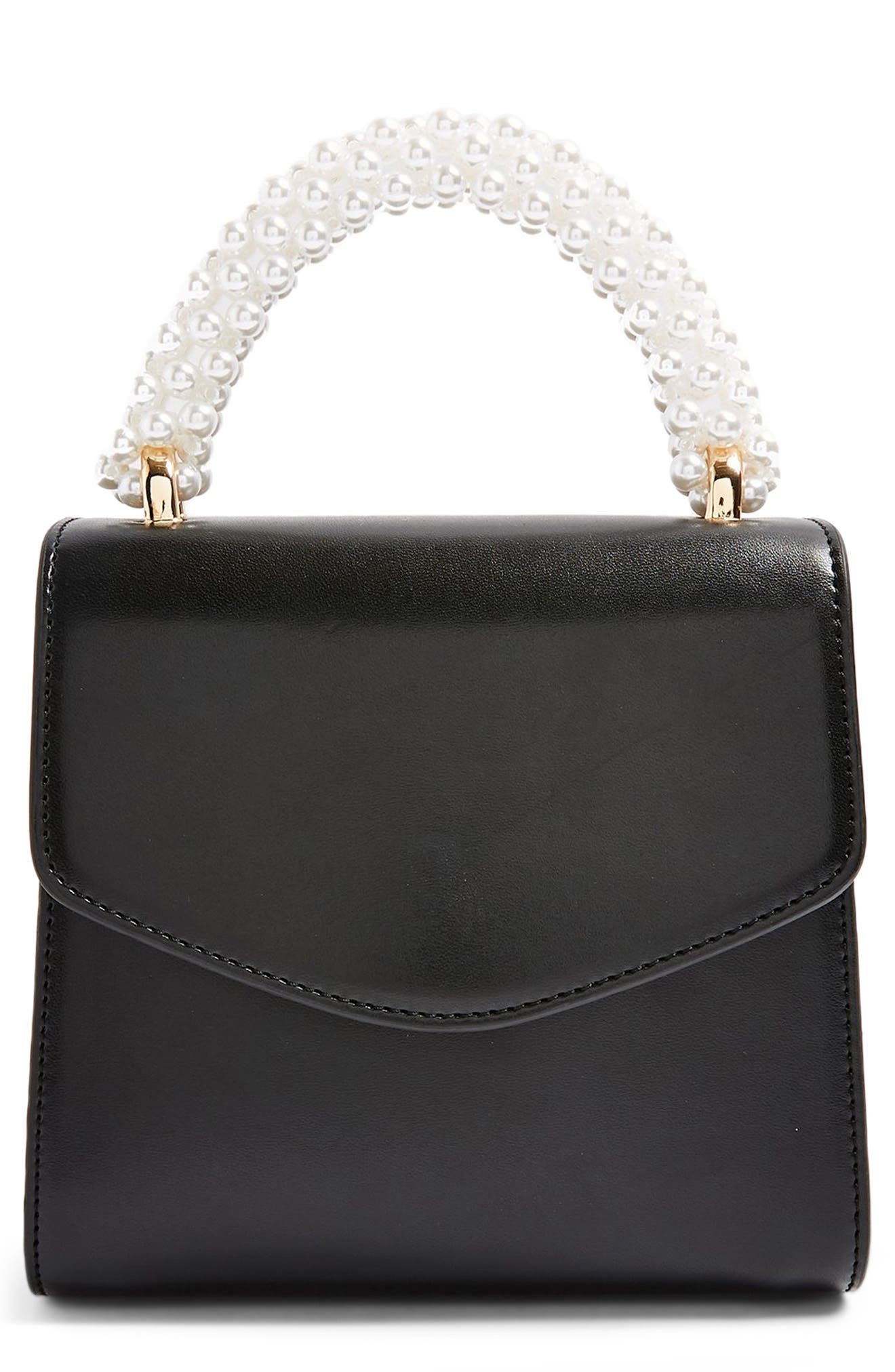 TOPSHOP Aurora Imitation Pearl Faux Leather Handbag, Main, color, BLACK