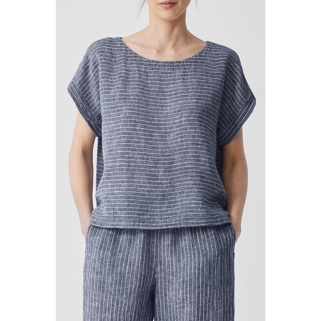 Eileen Fisher Striped Linen T-shirt In Ocean