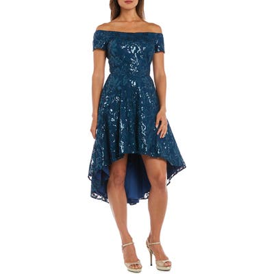 Morgan & Co. Sequin & Lace Off The Shoulder High/low Dress, Blue