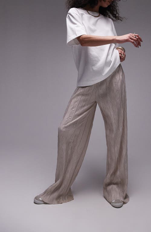 Topshop Textured Plissé Wide Leg Pants Beige at Nordstrom,