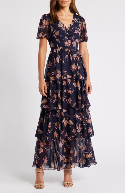 Shop Chelsea28 Floral Tiered Chiffon Dress In Navy Tulip Dance