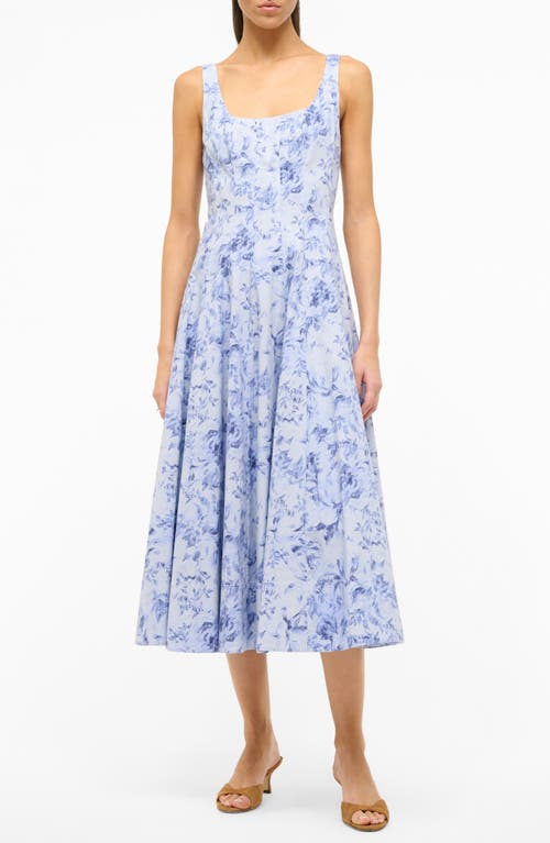 STAUD Wells Floral Print Stretch Cotton Midi Dress Periwinkle Sketchbook at Nordstrom,