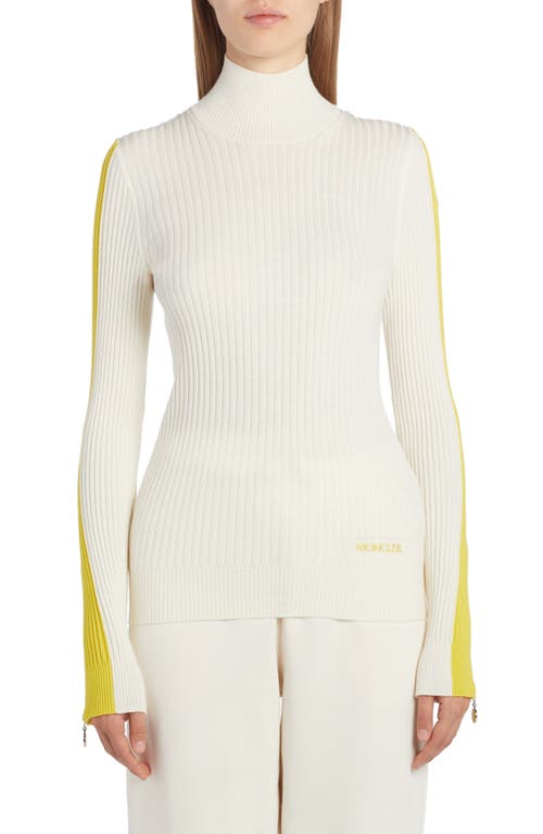 Shop Moncler Stripe Sleeve Funnel Neck Rib Wool Sweater In White/yellow