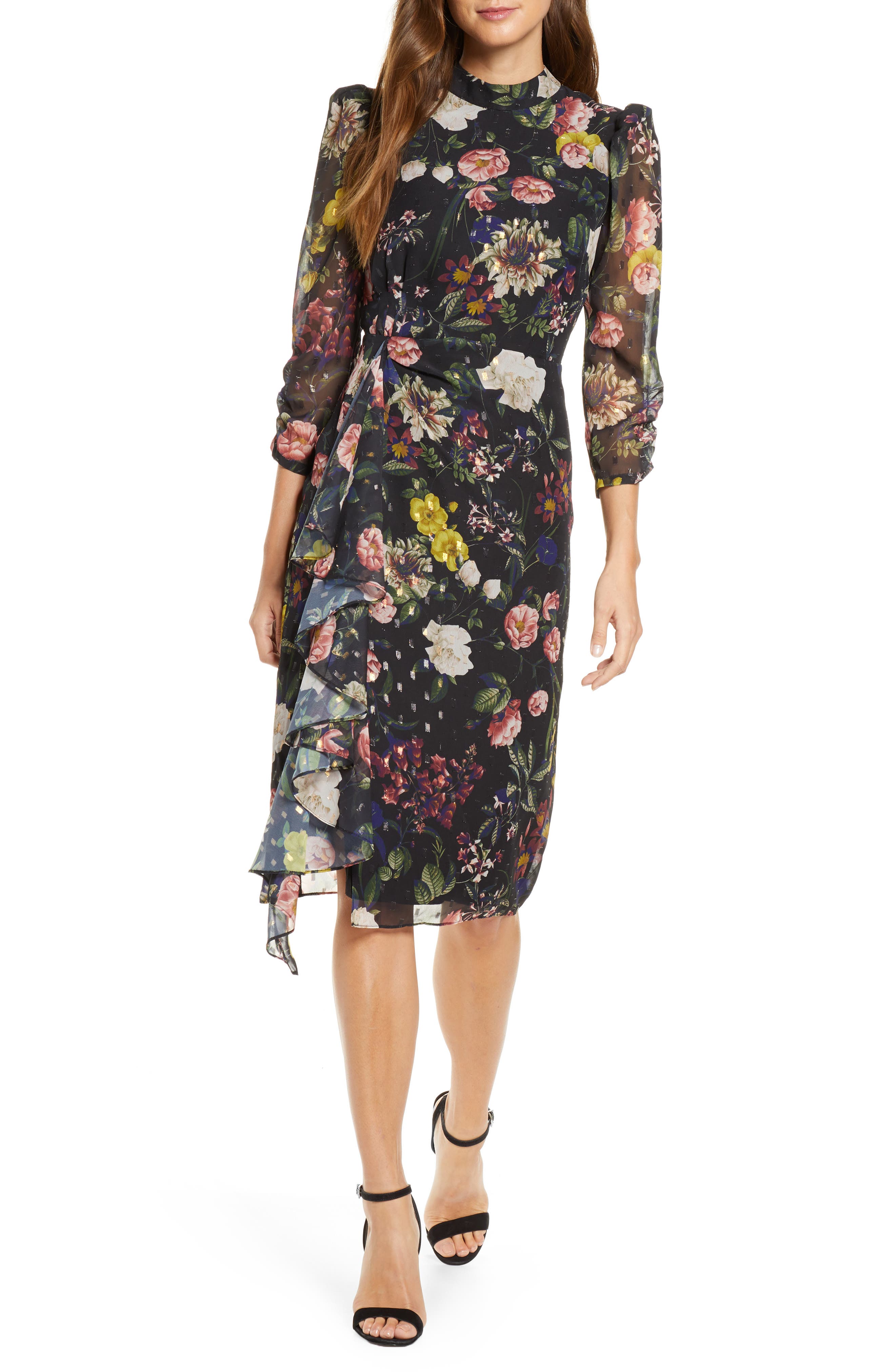 high neck black floral dress