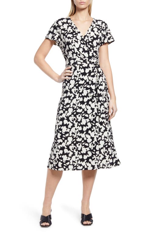 halogen(r) Crossover Short Sleeve Wrap Dress in Black-Ivory Graphic Camouflage