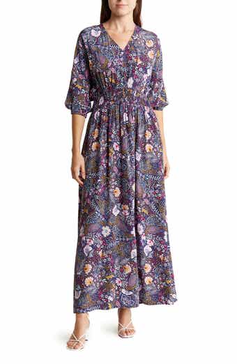 Lucky Brand Chalis Long Sleeve Maxi Dress In Teal Floral