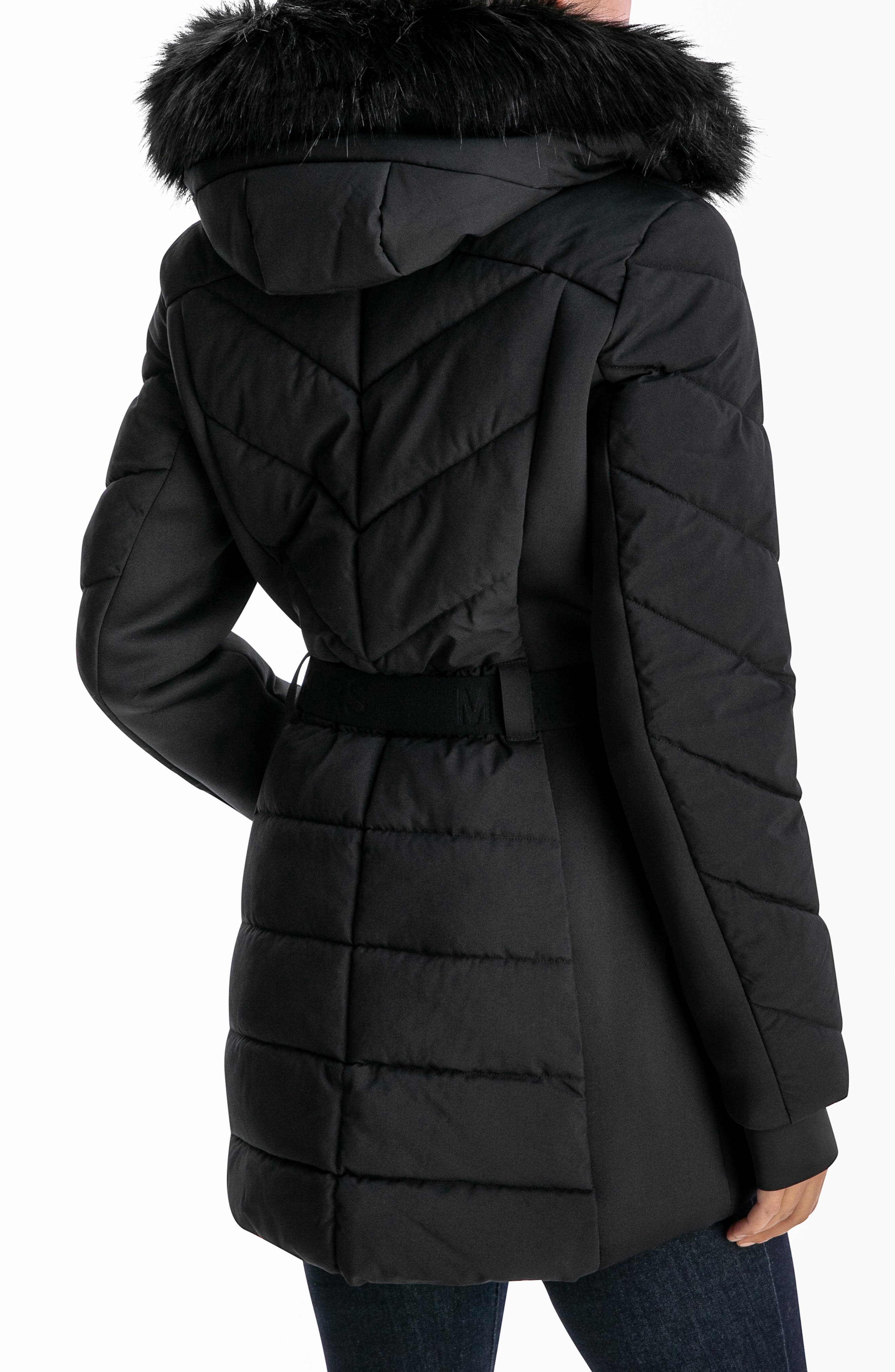 michael kors faux fur trim belted puffer coat