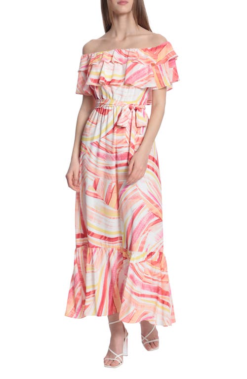 Mix Stripe Off the Shoulder Maxi Dress in Soft White/Coral