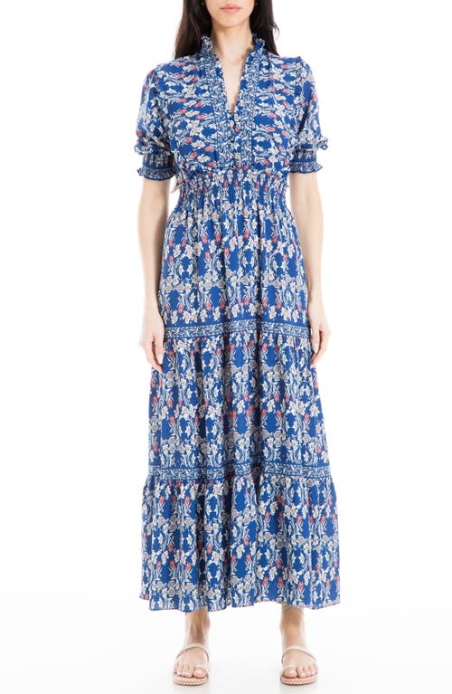Shop Max Studio Ruffle Collar Print Tiered Maxi Dress In Blue Floral Print
