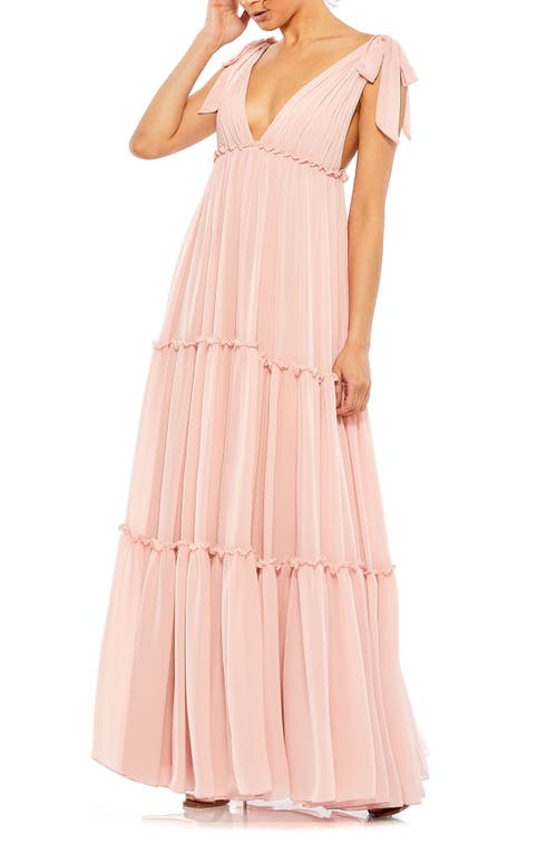 Ieena for Mac Duggal Bow Sleeve Tiered Gown in Blush