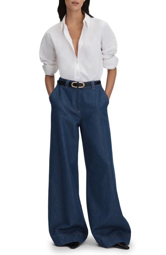 Shop Reiss Olivia High Waist Wide Leg Jeans In Dark Blue