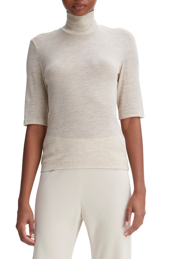 Vince Merino Wool Elbow-sleeve Turtleneck T-shirt In Heather Sesame