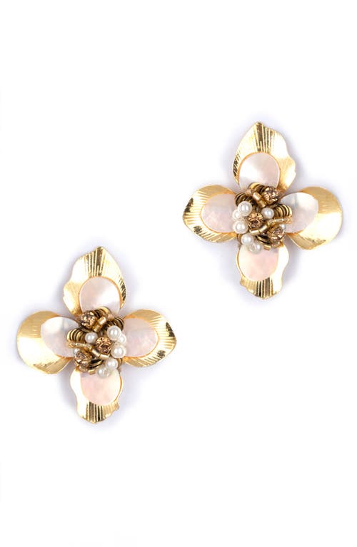Azura Imitation Pearl Beaded Floral Stud Earrings in Gold