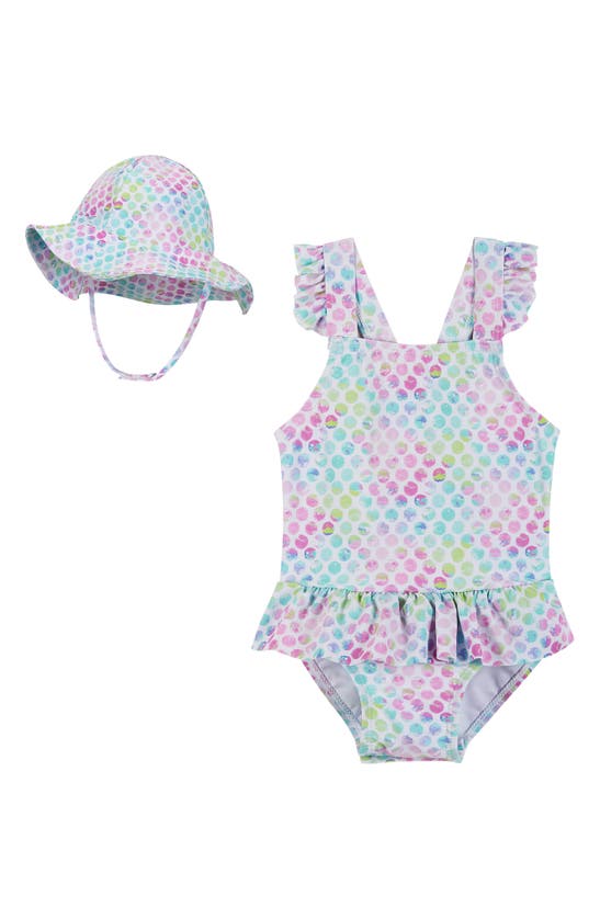Andy & Evan Babies' Bubble Ruffle One-piece Swimsuit & Hat Set In Aqua Tie Dye