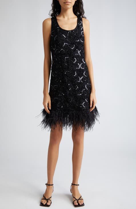 SAINT LAURENT 100% cashmere black ostrich feather trim mini sweater dress  XS