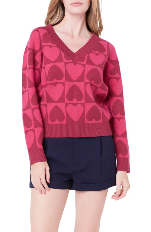 English Factory Heart V-Neck Pullover Sweater Pink Multi at Nordstrom,