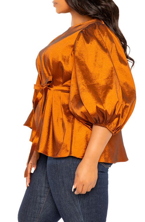 Buxom Couture Tie Waist Voluminous Elbow Sleeve Taffeta Peplum Top In Rust