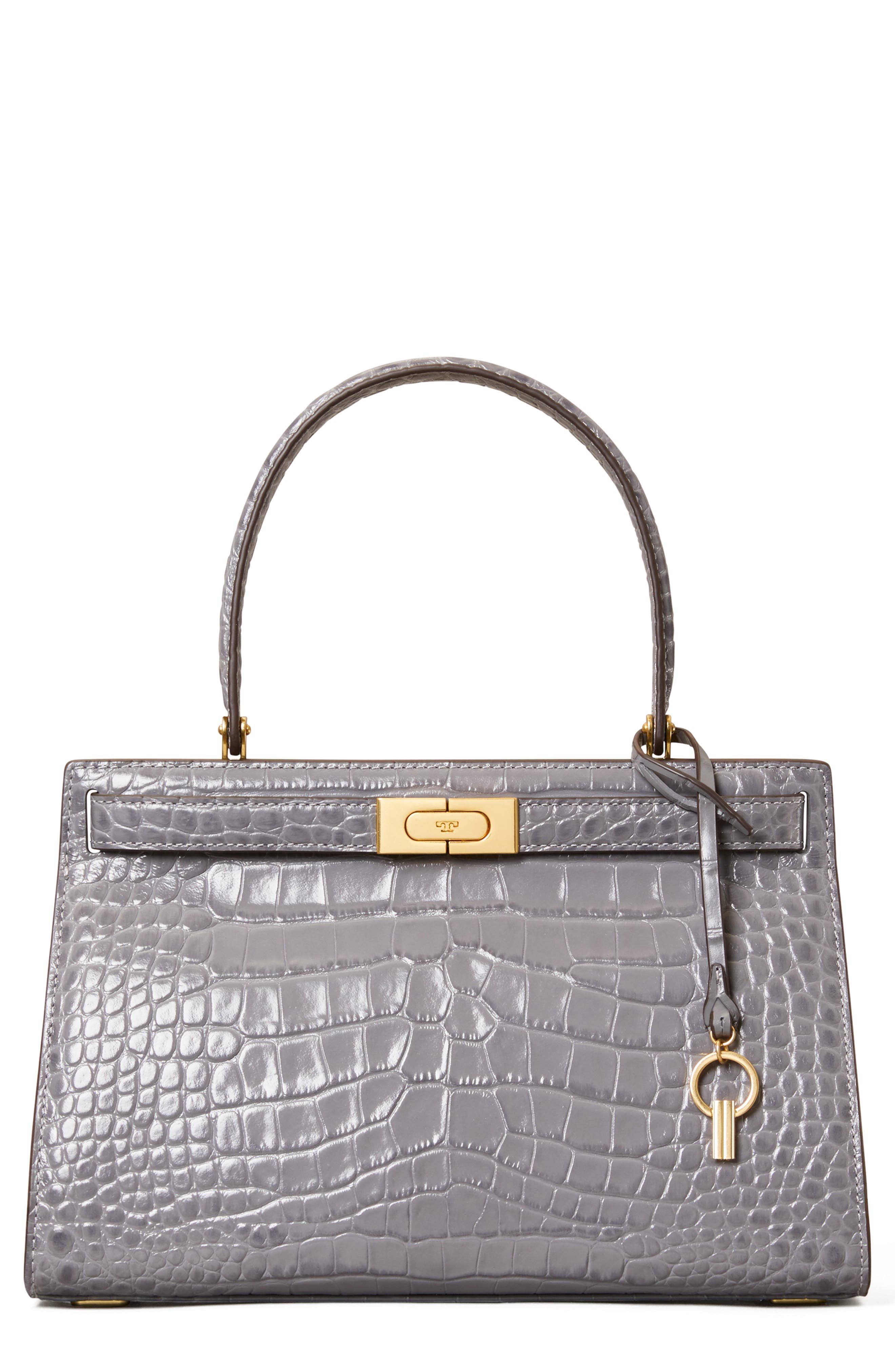 Tory Burch Lee Radziwill Croc Embossed Small Leather Satchel in Zinc